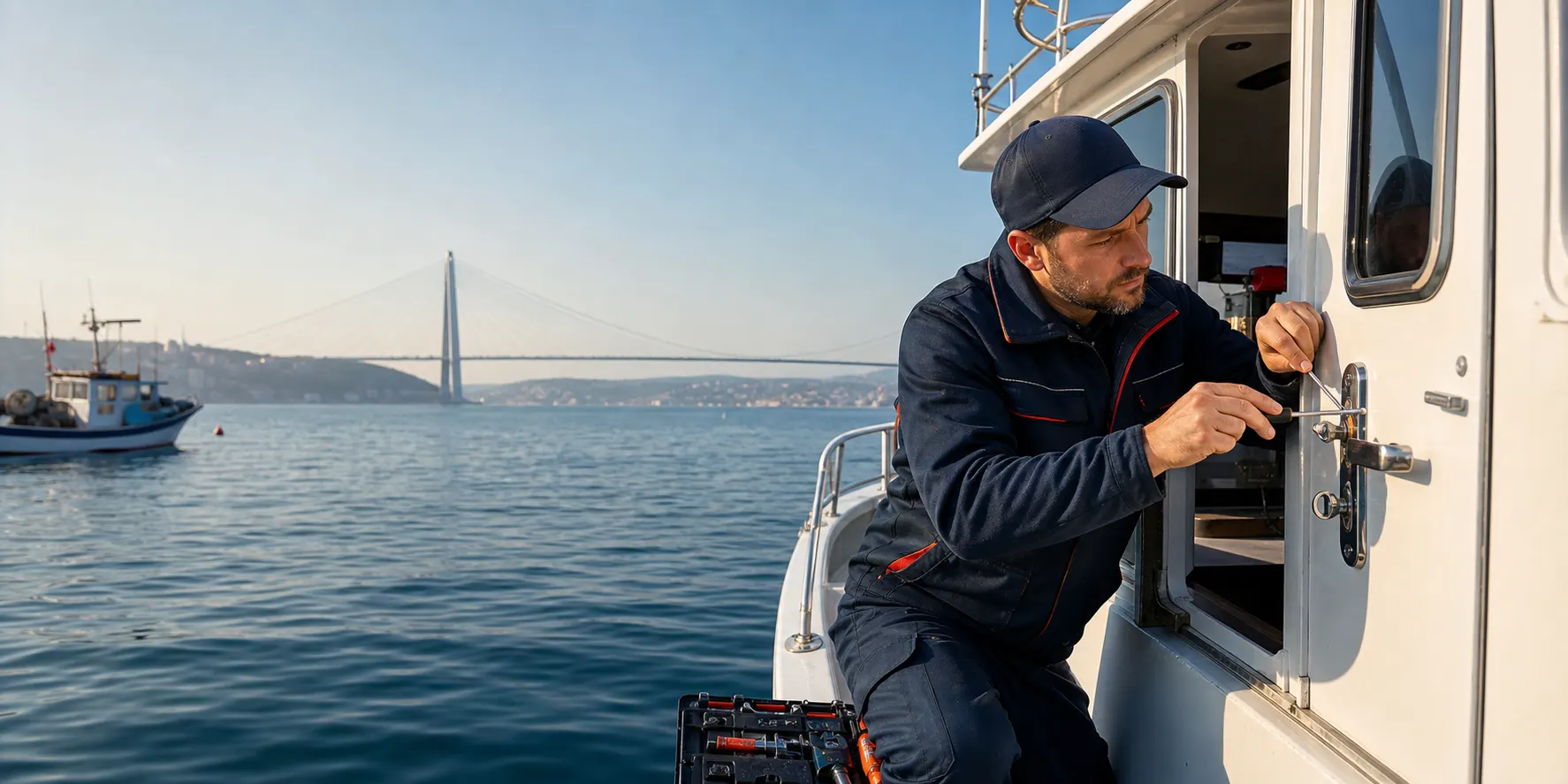 Poyrazköy Limanı ve Yavuz Sultan Selim Köprüsü manzarasında tekne kamara kilidine müdahale eden profesyonel çilingir